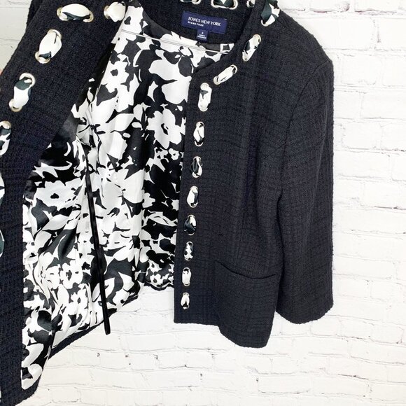 JONES NEW YORK BLACK & WHITE FLORAL SCARF DETAIL BLAZER JACKET SZ 4 - Picture 3 of 5